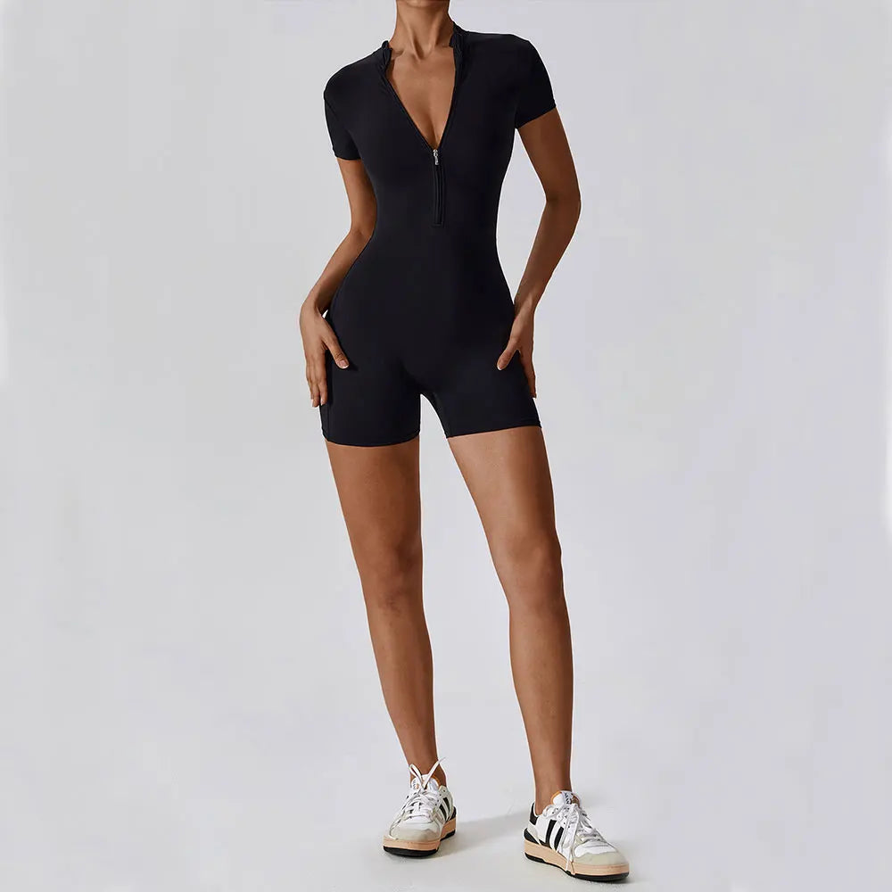 Yoga Jumpsuit Summer Short Sleeve Zipper Sports Wear